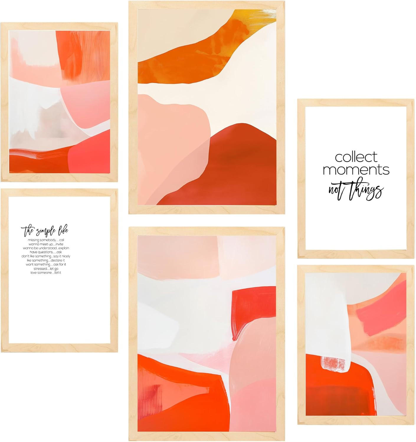 POSTER Set Mit 6 Abstrakte Farben Orange Rot Weiß Formen A3 & A4 Rahmen Aus Hellem Holz - Beige, Papier (29/3/42cm) - Nacnic