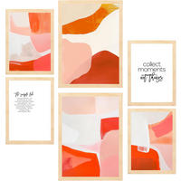 POSTER Set Mit 6 Abstrakte Farben Orange Rot Weiß Formen A3 & A4 Rahmen Aus Hellem Holz - Beige, Papier (29/3/42cm) - Nacnic