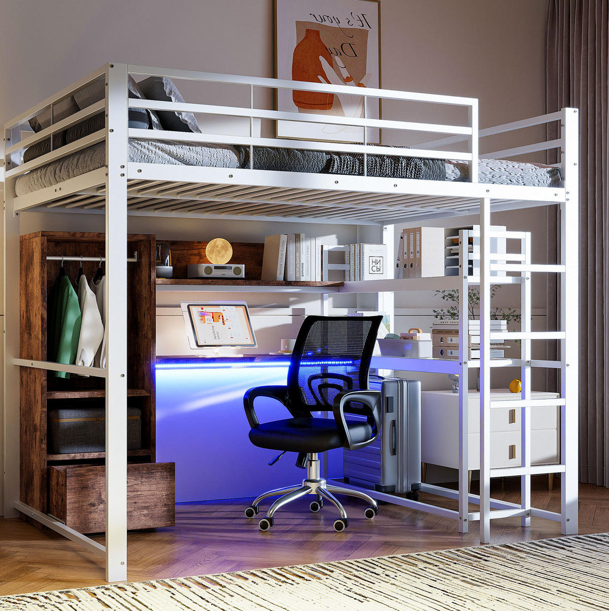 HOCHBETT aus Metall und MDF 140x200 cm Weiß mit LED-Beleuchtung, Schreibtisch, Regal und Schublade - Weiß, Holzwerkstoff (90/190cm) - Modfu