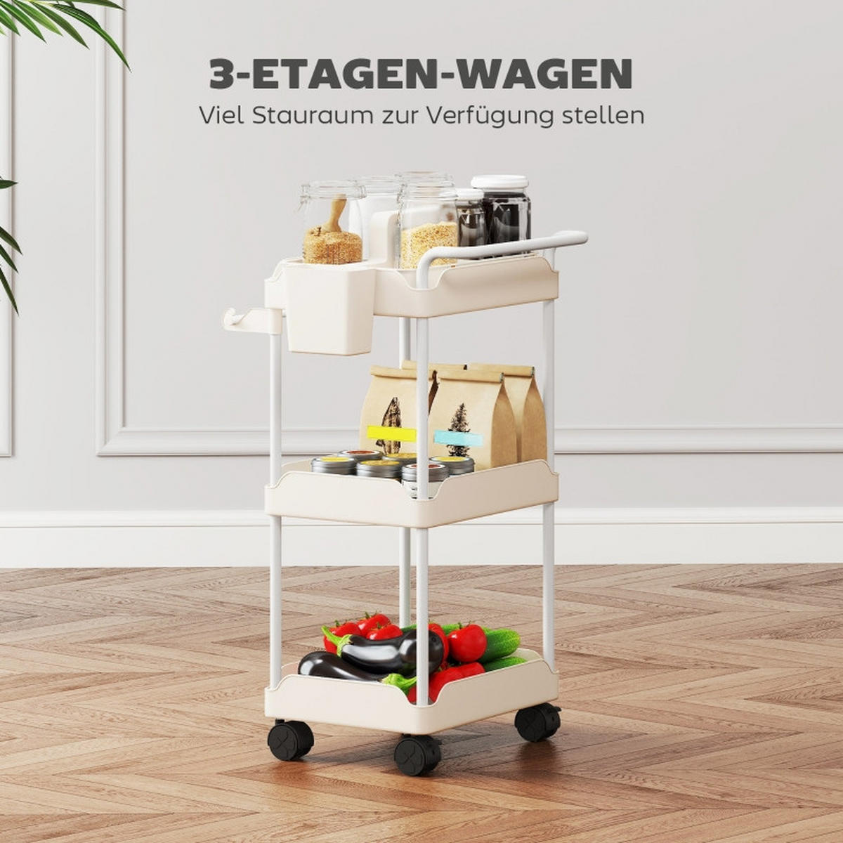 KÜCHENWOLLWAGEN 42x42.5x76cm Weiß mit 3 Kunststoff-Körben, Handtuchstange & Rollen - Weiß, Metall (42.5/76/42cm) - Modfu