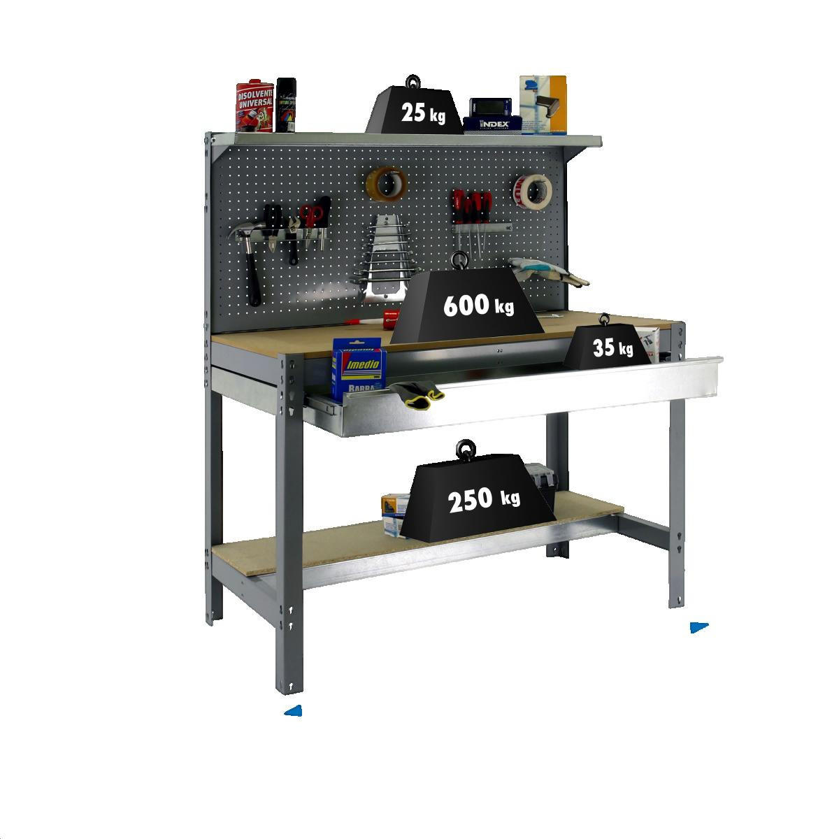 WERKBANK BUFFALO mit Werkzeugwand, Schubfach und Ablage | HxBxT 84x150x61cm | Traglast 600kg | Grau - Grau, Metall (151/144.5/61cm) - Sonstige