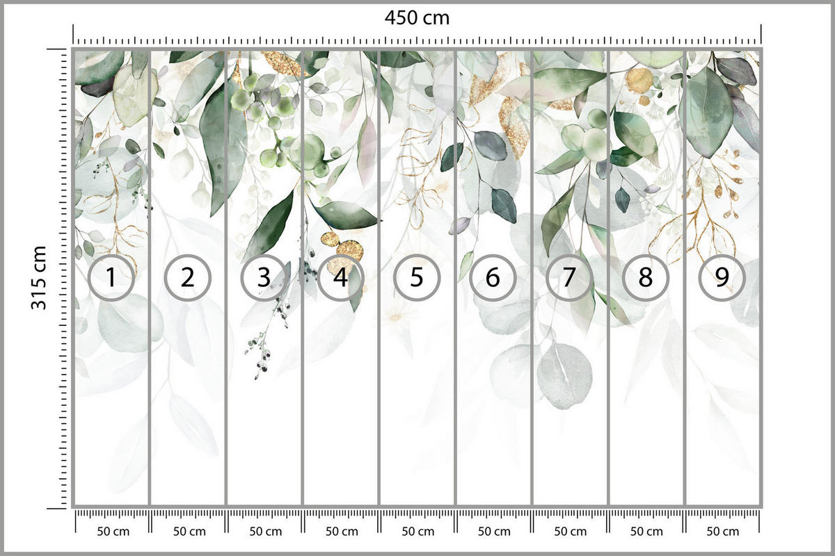 FOTOTAPETE Aquarell Blätter Pflanzen Natur 450x315 - Gelb/Beige, Papier (450/315cm) - Muralo