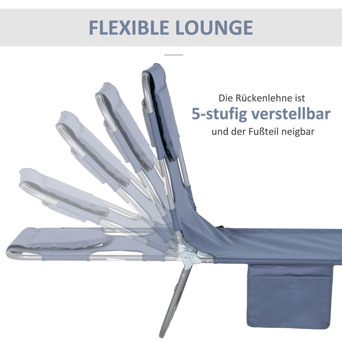 SONNENLIEGE klappbar, Seitentasche, Grau - Grau, Kunststoff (55/29/185cm) - Outsunny