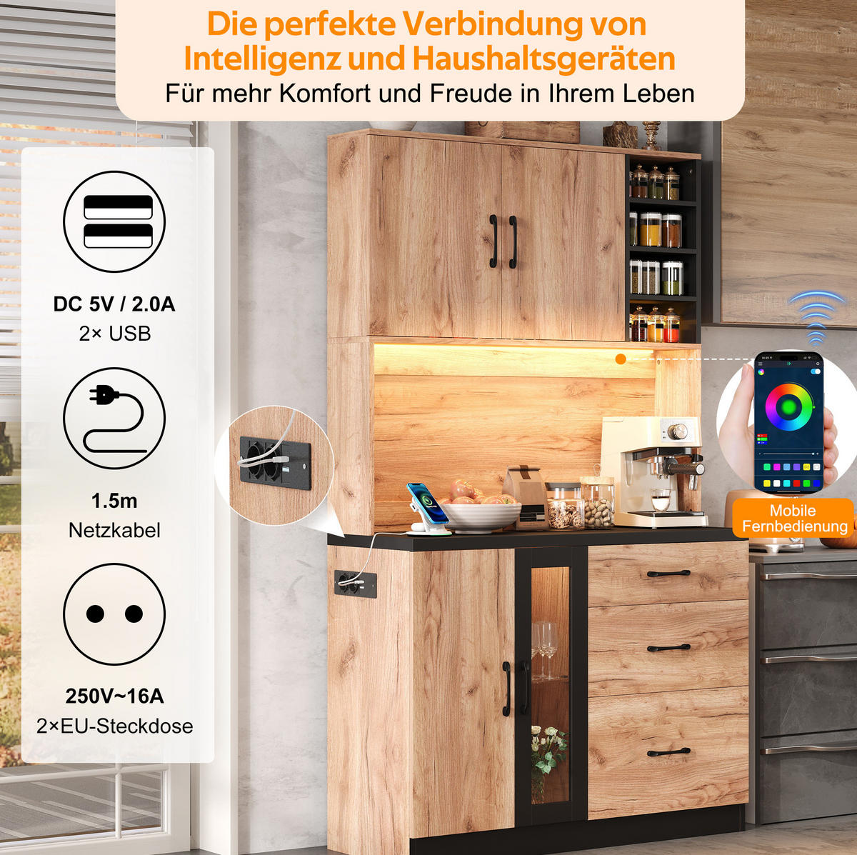BUFFETSCHRANK 105/40/180 cm mit LED-Beleuchtung, verstellbaren Einlegeböden und Steckdosen, Neutral - Naturfarben, Holzwerkstoff (105/180/40cm) - Redom
