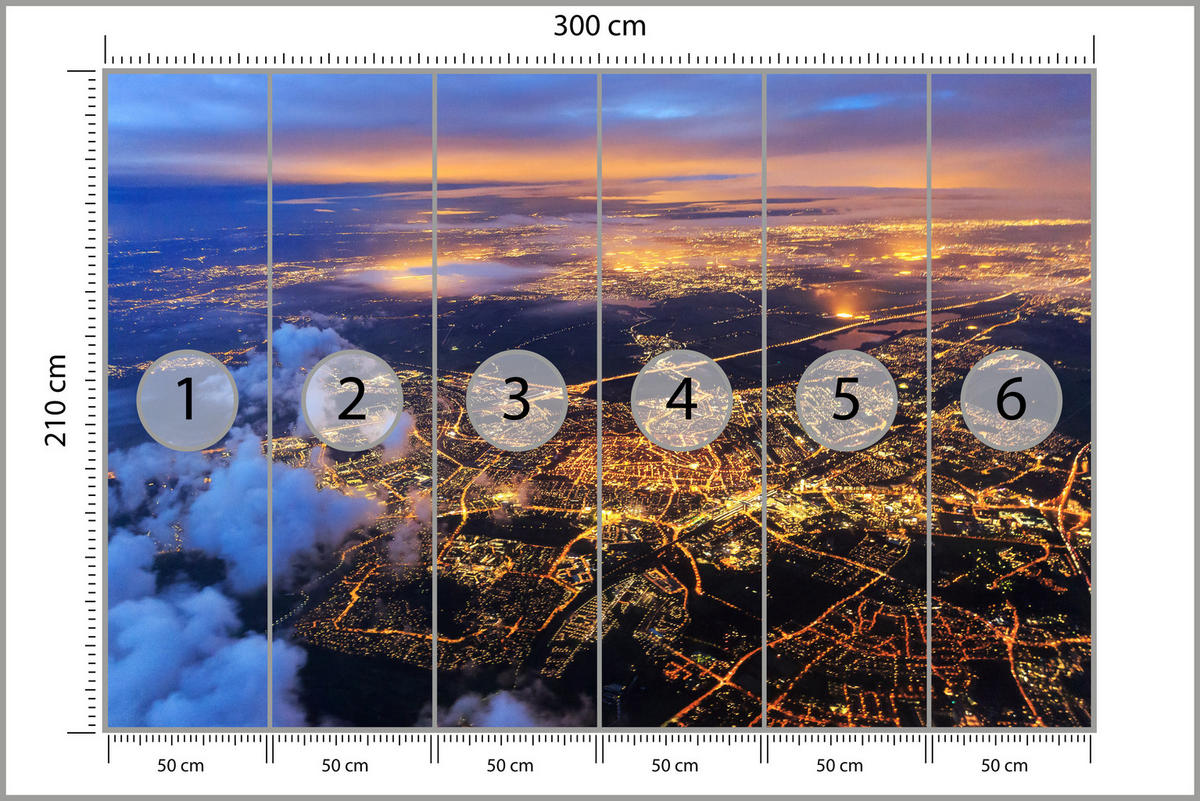 FOTOTAPETE für Wohnzimmer Vogelperspektive Beleuchtete Stadt Skyline 300x210 - Gelb/Orange, Papier (300/210cm) - Muralo