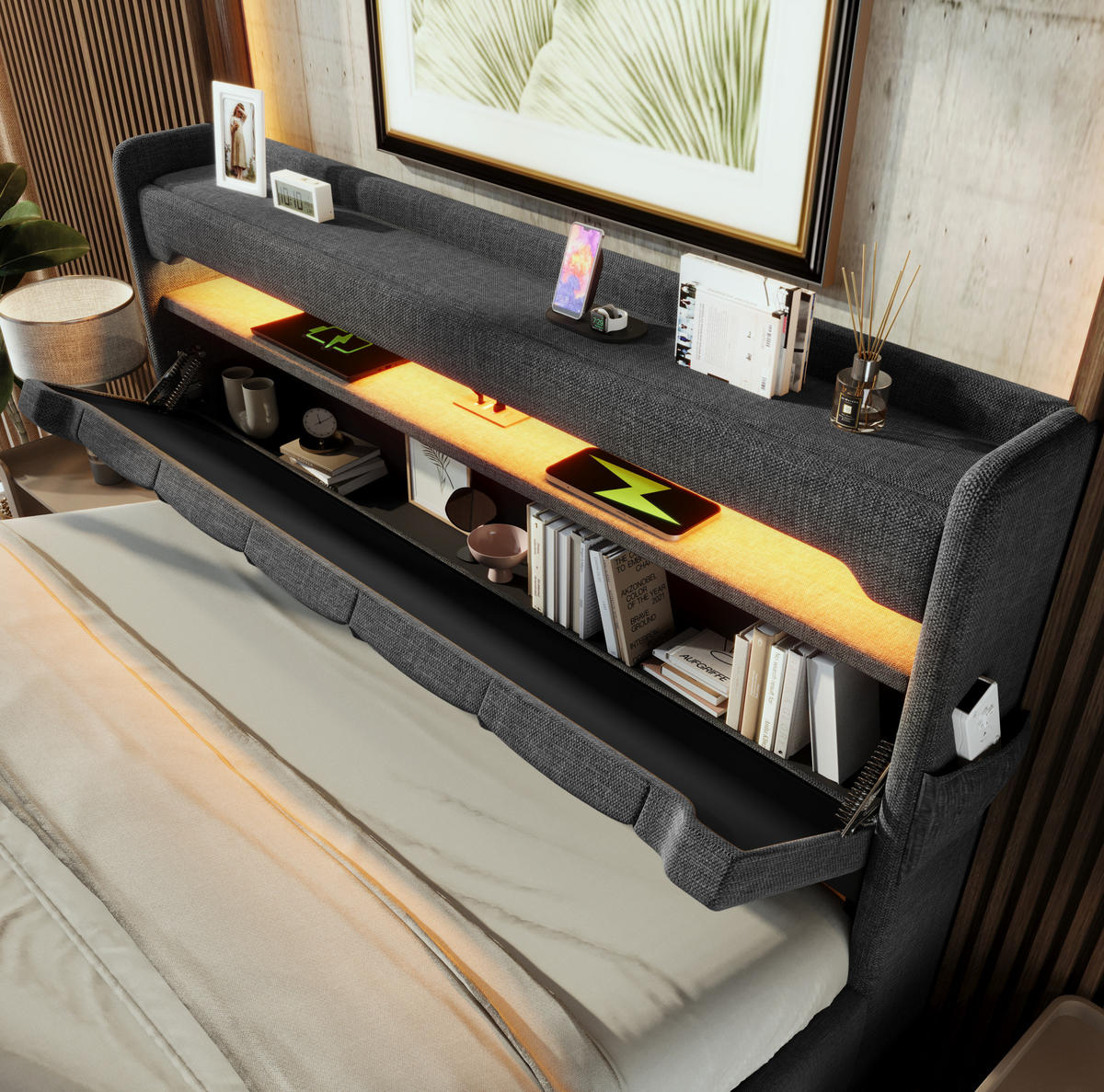 POLSTERBETT 160/200 cm Grau aus Leinen mit LED und Stauraum - Grau, Textil (160/200cm) - OKMYHOME
