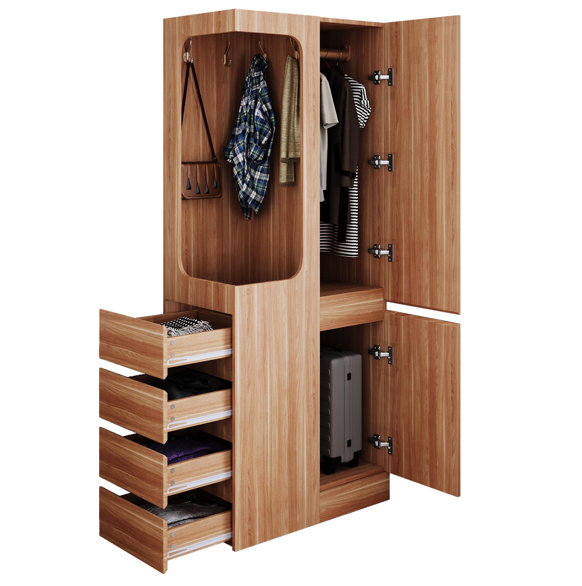 KLEIDERSCHRANK aus Kiefer, Sperrholz und MDF 70x40x170 cm Weiß/Holz mit Tür, 4 Schubladen und offenem Hängebereich - Nussbaumfarben, Holzwerkstoff (70/170/40cm) - Modfu