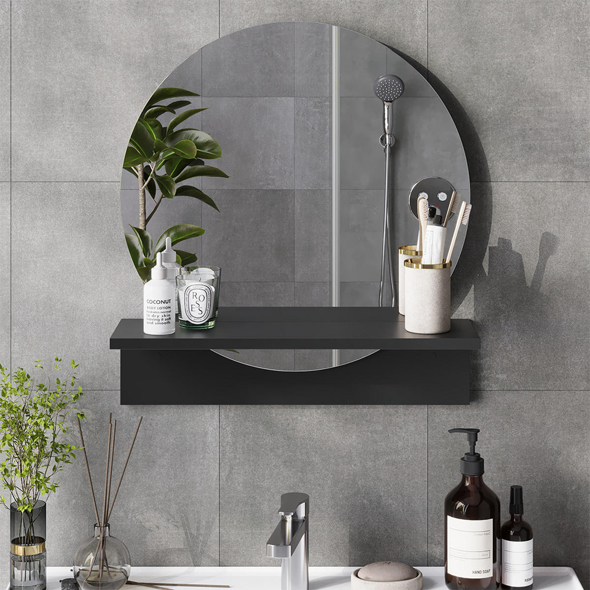 BADEZIMMERSPIEGEL Elyra Schwarz 50 x 54.5 cm mit Ablage - Schwarz, Holzwerkstoff (50/54.5/15cm) - Vicco