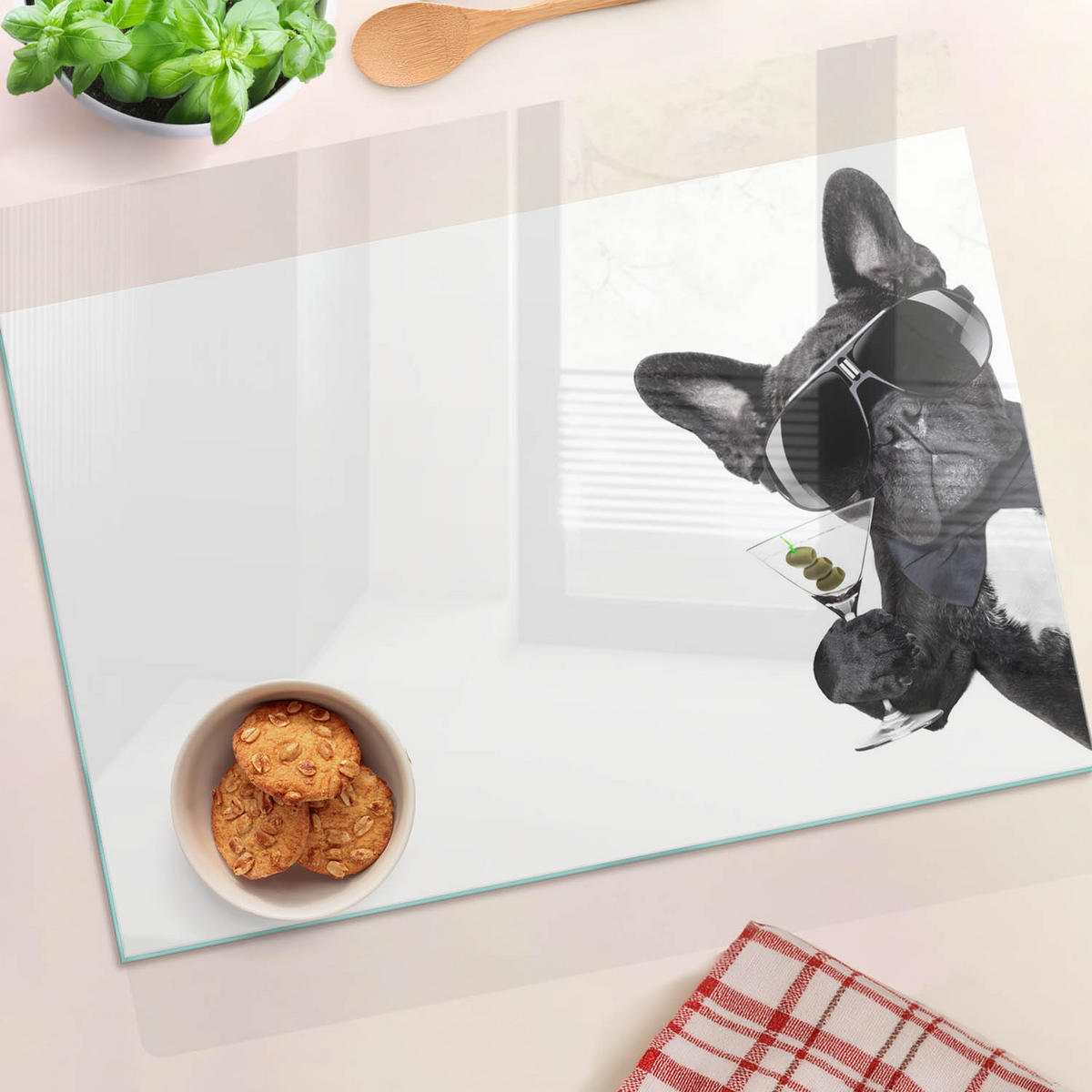 GLASPLATTE 60x52 cm Hund mit Martini - Dunkelgrau/Schwarz, Glas (60/52cm) - TULUP