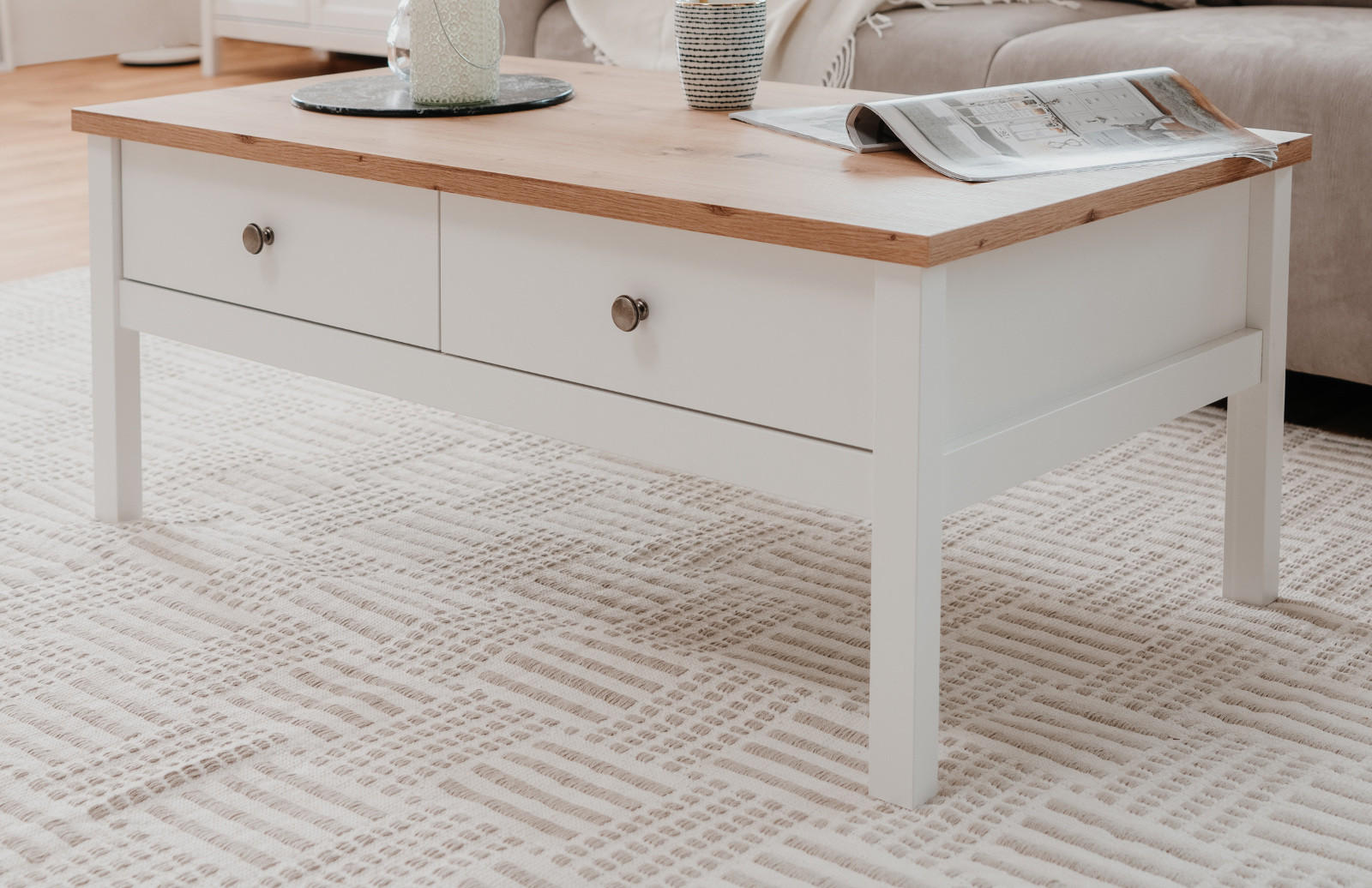 COUCHTISCH weiß, Eiche Artisan Landhaus, 110 x 55 cm, Wohnzimmertisch mit Schubladen - Silberfarben/Weiß, Holzwerkstoff/Kunststoff (55/110/40cm) - Furn.Design