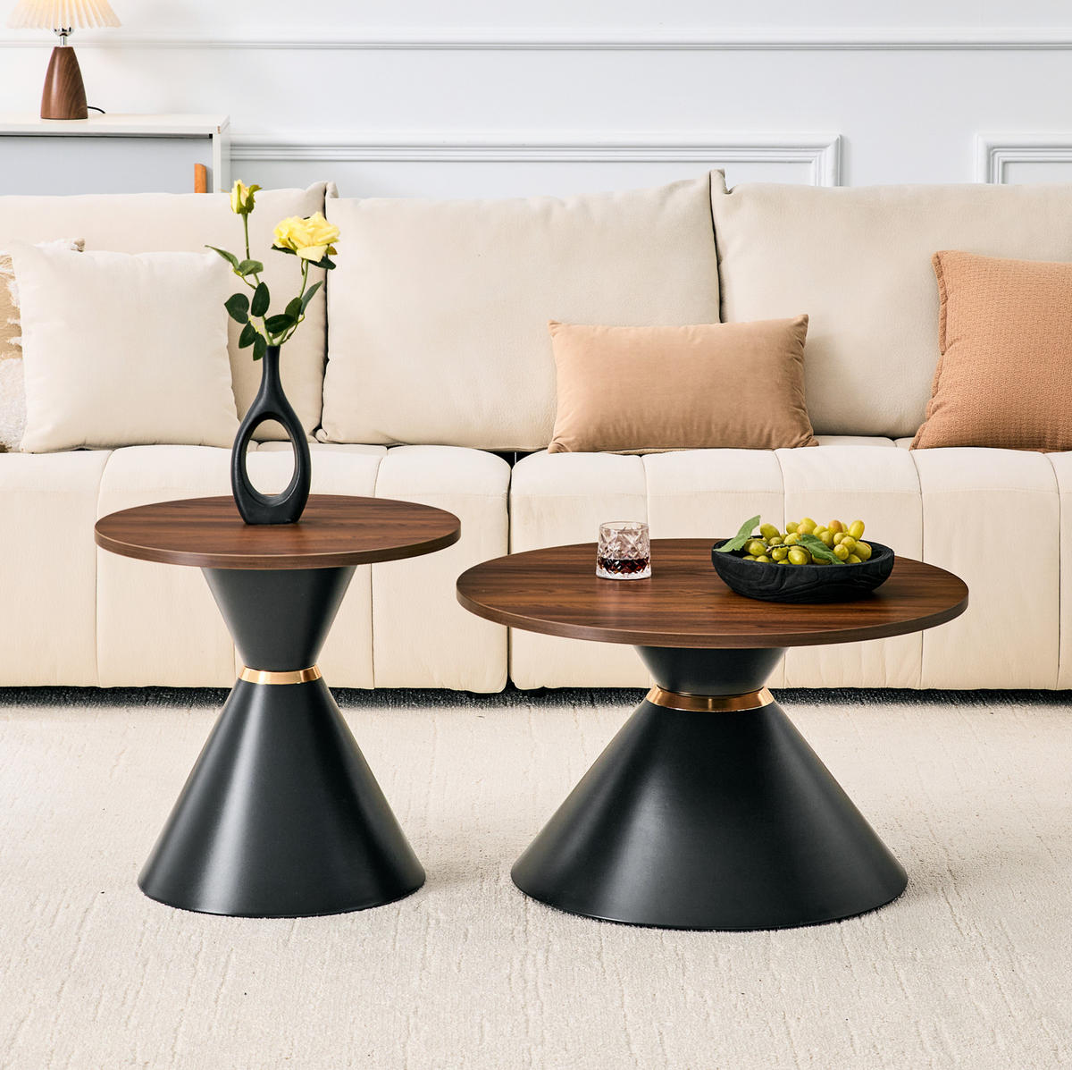 COUCHTISCH-SET 70/70/42,5 cm walnussfarben/schwarz aus Metall mit Konusform - Walnussfarben, Metall (70/70/42.5cm) - OKWISH
