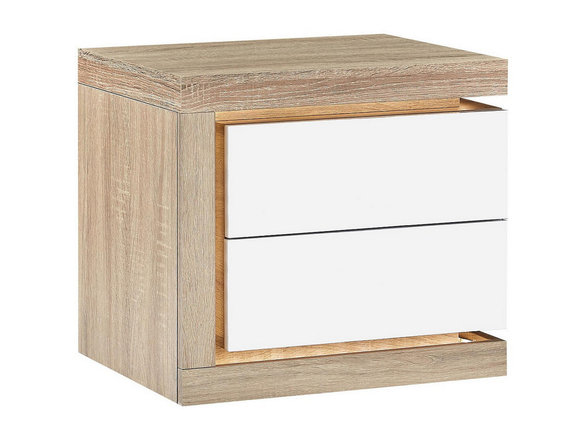 NACHTTISCH mit 2 Schubladen - linke Seite - Mit LED-Beleuchtung - Weiß lackiert und Holzfarben - FLARANCIA - Naturfarben, Holz (50/45/40cm) - Vente-Unique