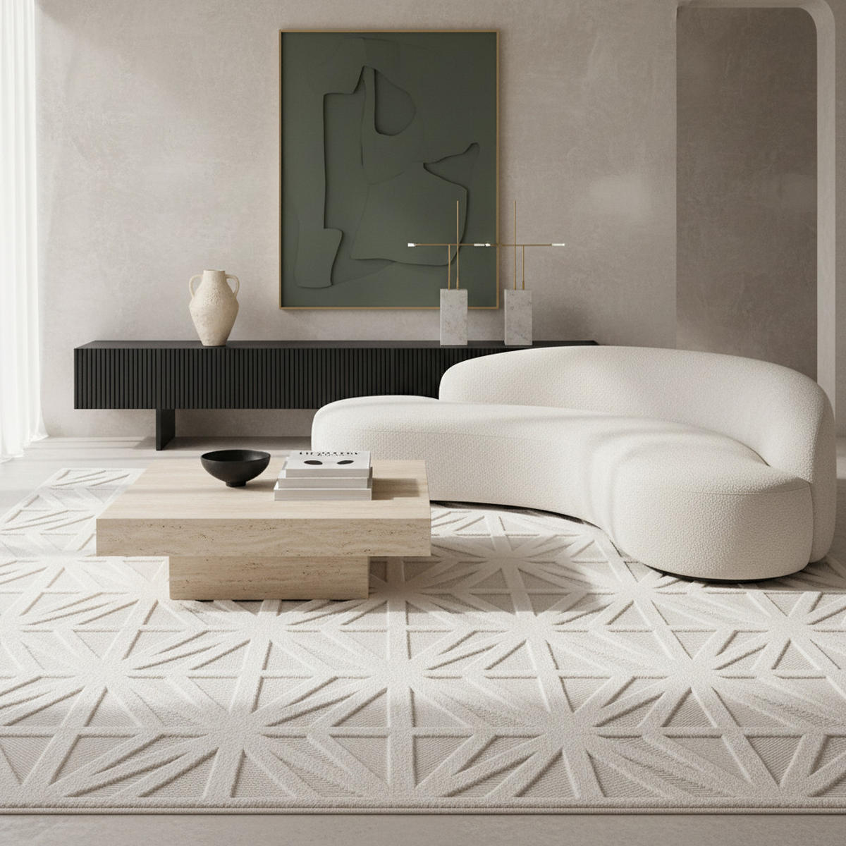 TEPPICH In-/Outdoor Kurzflor 3D-Effektfliesen Polypropylen Balkon Creme Rechteckig 280x370 - Beige, Textil (280/370cm) - KADIMA DESIGN