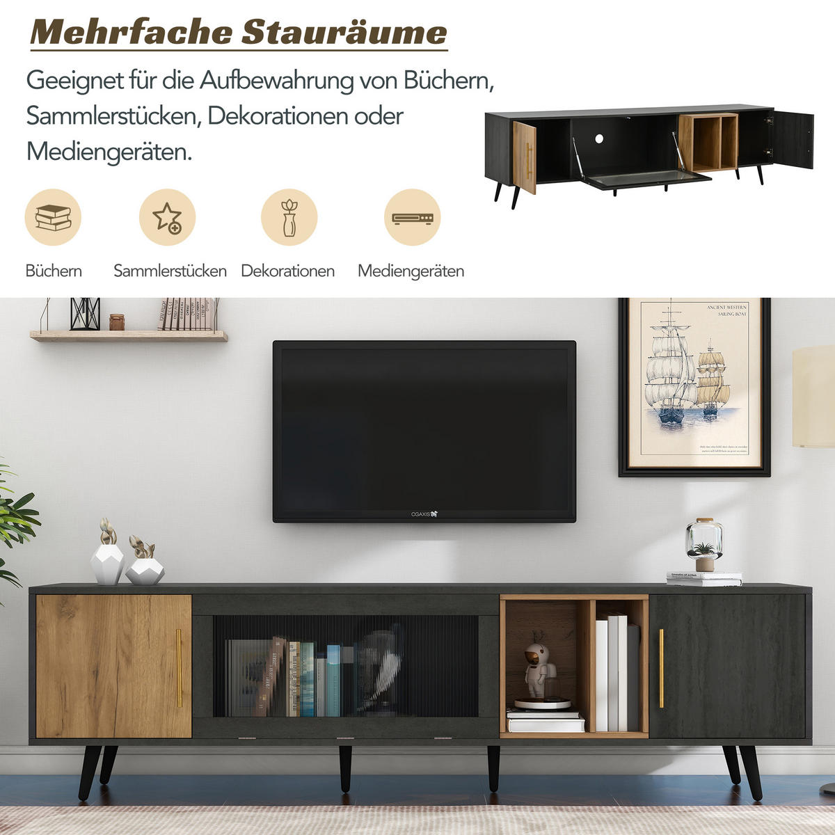 TV-SCHRANK 200x40x55,5 Dunkles Holz Grau 90-Zoll - Grau, Holzwerkstoff (40/55.5/200cm) - FLIEKS