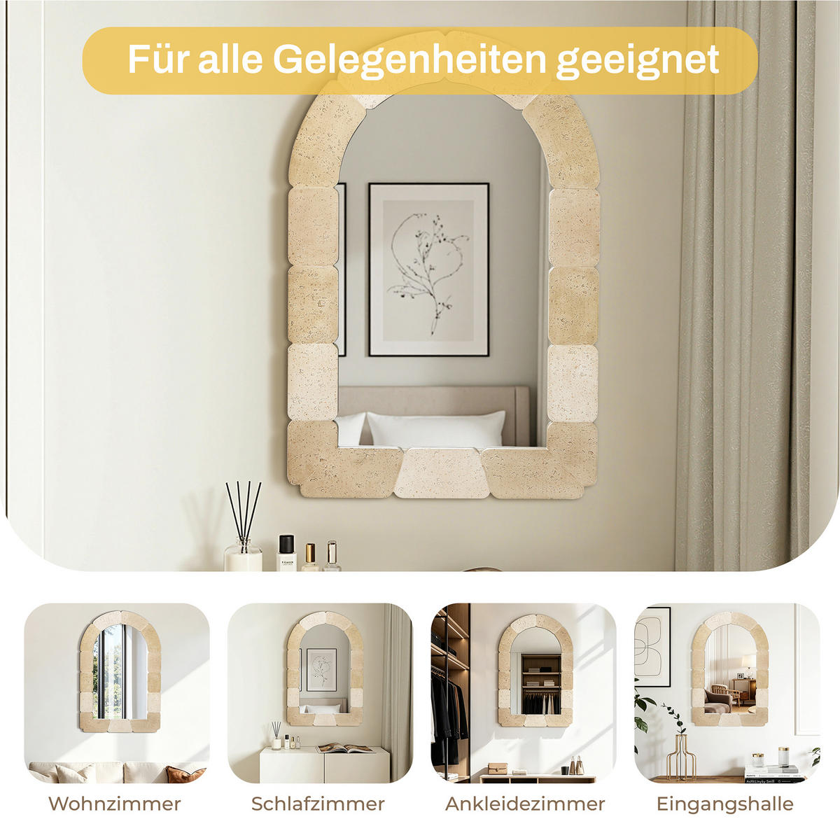 78CM H Bogenförmiger Wandspiegel, Geeignet für Wohnzimmer, Schlafzimmer, Badezimmer und Flur Boho-Stil MDF-Material - Beige/Hellgelb, Holz/Kunststoff (78/3/52cm) - Hometopia