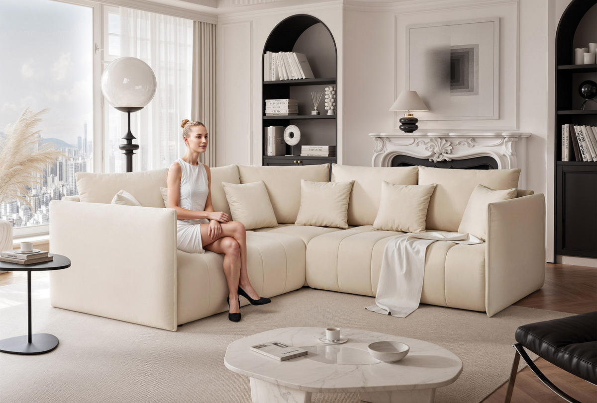 ECKSOFA OLIMPIA mit Schlaffunktion und Bettkasten Creme - Creme, Holzwerkstoff/Kunststoff (235/230cm) - Idohome