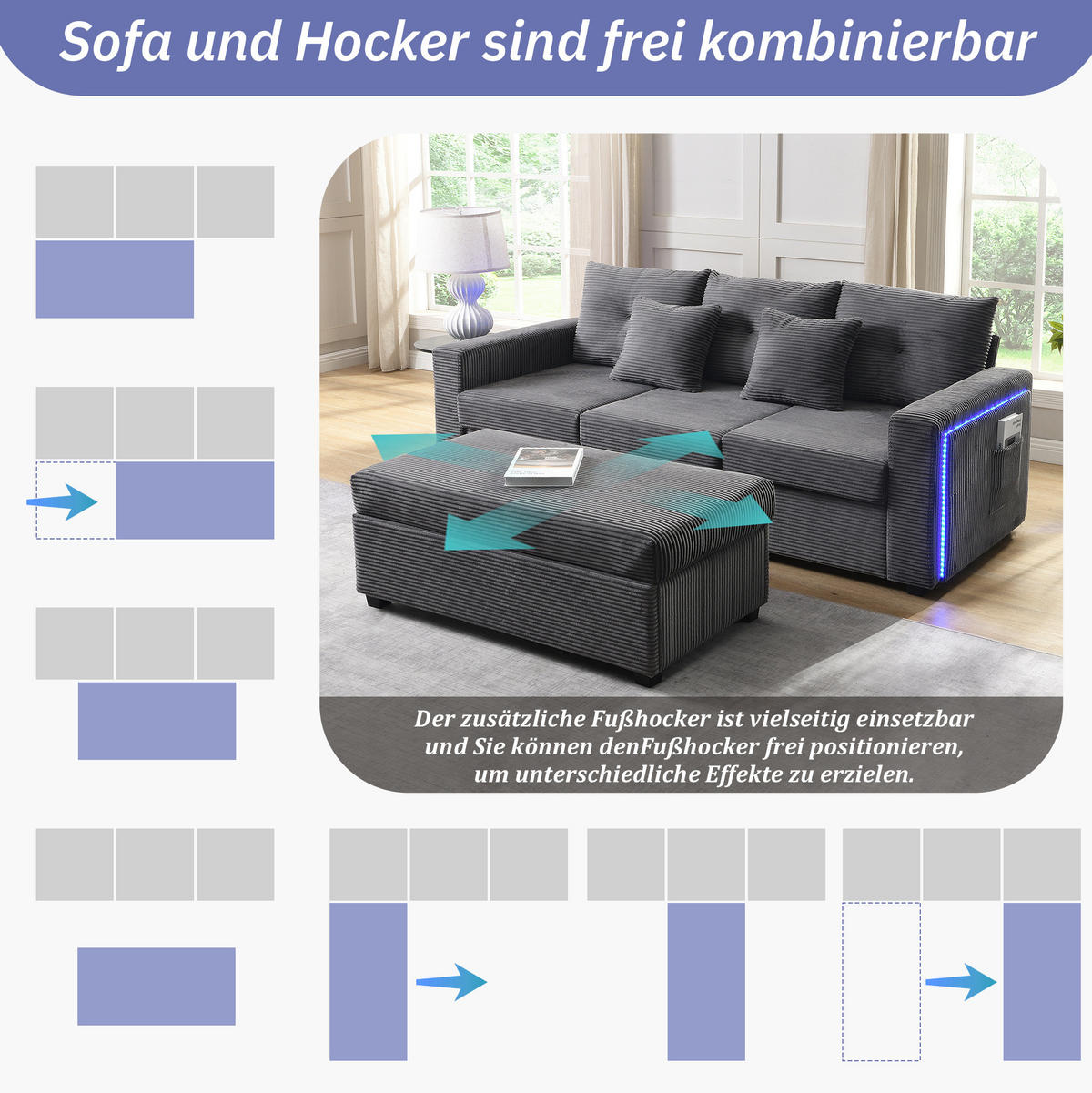 SOFA mit LED und Hocker L-Form Cord Antique Gray 5-Kissen-Set - Grau, Kunststoff (184/84.5cm) - IVMEU