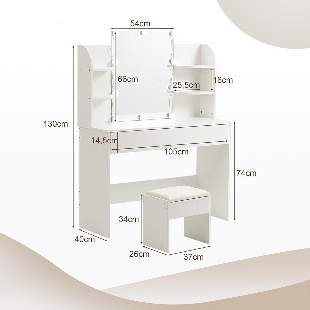 SCHMINKTISCH L105 x B40 x H130cm,Weiß - Weiß, Holz (40/130/105cm) - KOMHTOM