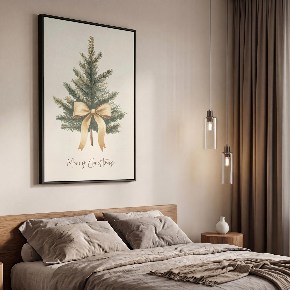 LEINWAND Bilder mit Rahmen - Weihnachtsbaum - Weihnachten - Frohe Weihnachten - Beige - 60x90 - Sandfarben, Textil (60/90cm) - MuchoWow