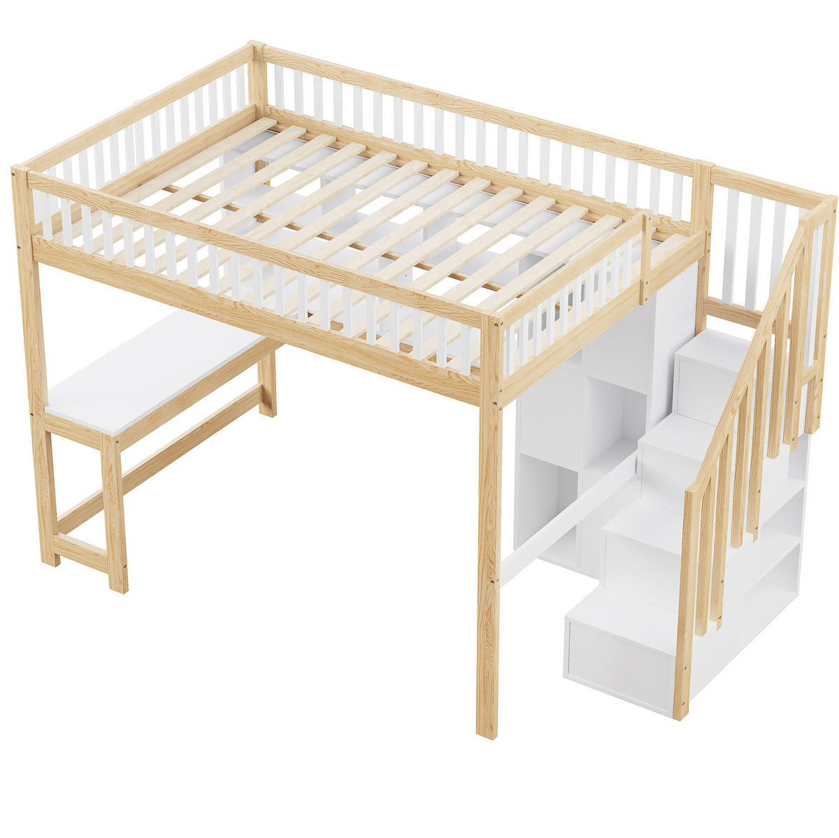 HOCHBETT 140/200 cm Weiß/Natur aus Kiefernholz und MDF mit Schreibtisch - Weiß, Holz (140/200cm) - OKMYHOME