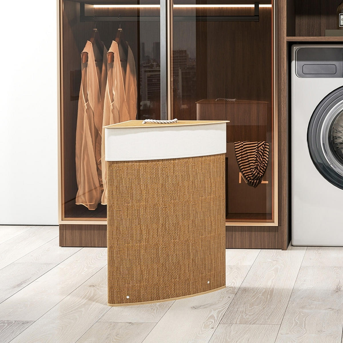 WÄSCHEKORB Bambus 55 L Ecke mit Deckel – Wäschesammler mit herausnehmbarem Sack, für Bad, Schlafzimmer & Waschküche, Braun - Braun, Holz (35/60/35cm) - Ej. Life