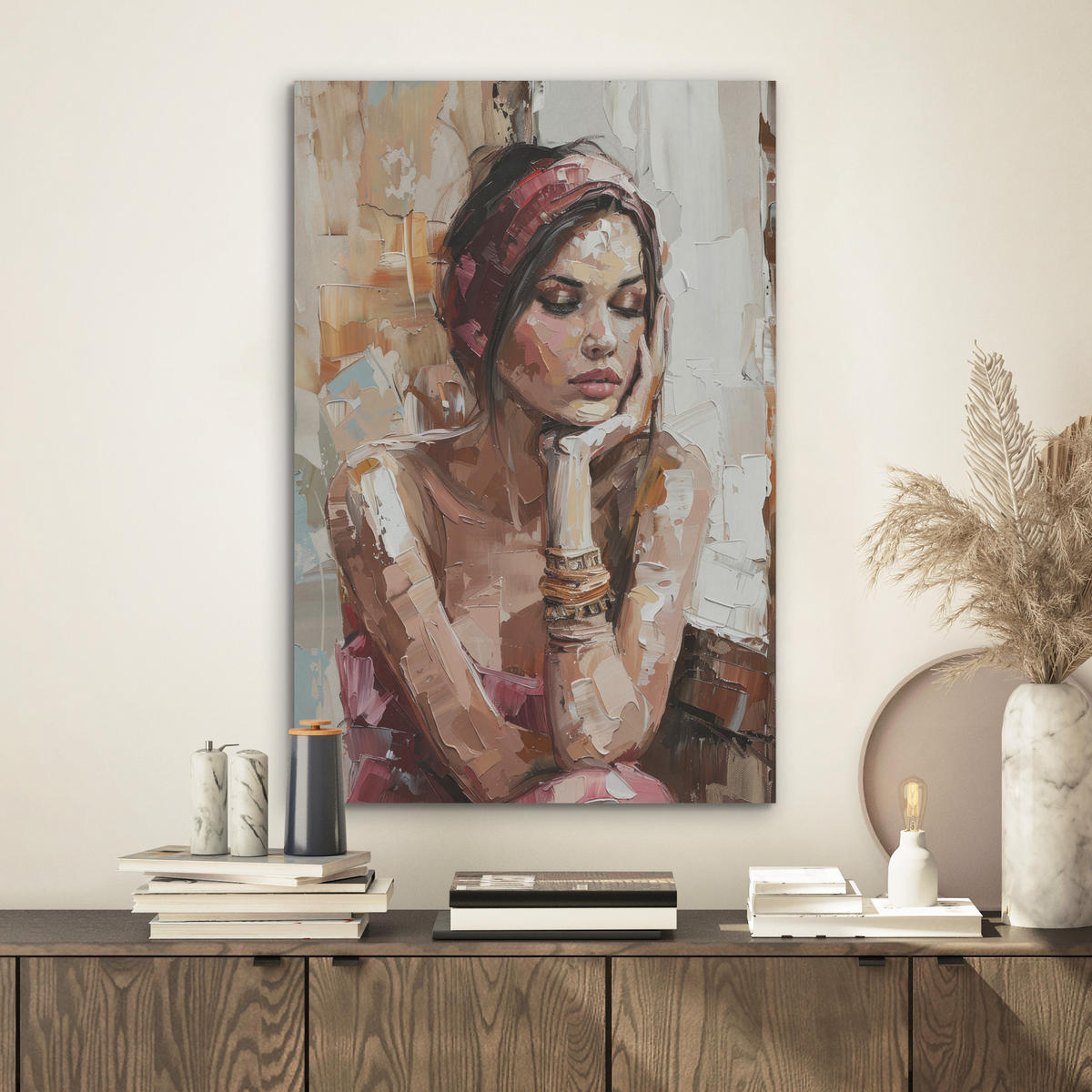 AKUSTIKBILD Frau - Lackierung - Porträt - Modern Kunstdruck Schlafzimmer 50x70 cm - Altrosa, Kunststoff (50/70/0.9cm) - MuchoWow