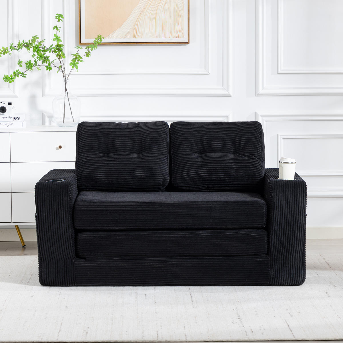 2-SITZER SOFA Cord Schwarz mit Getränkehaltern und Seitentaschen - Schwarz, Textil (136/82.5/80cm) - WISHDOR