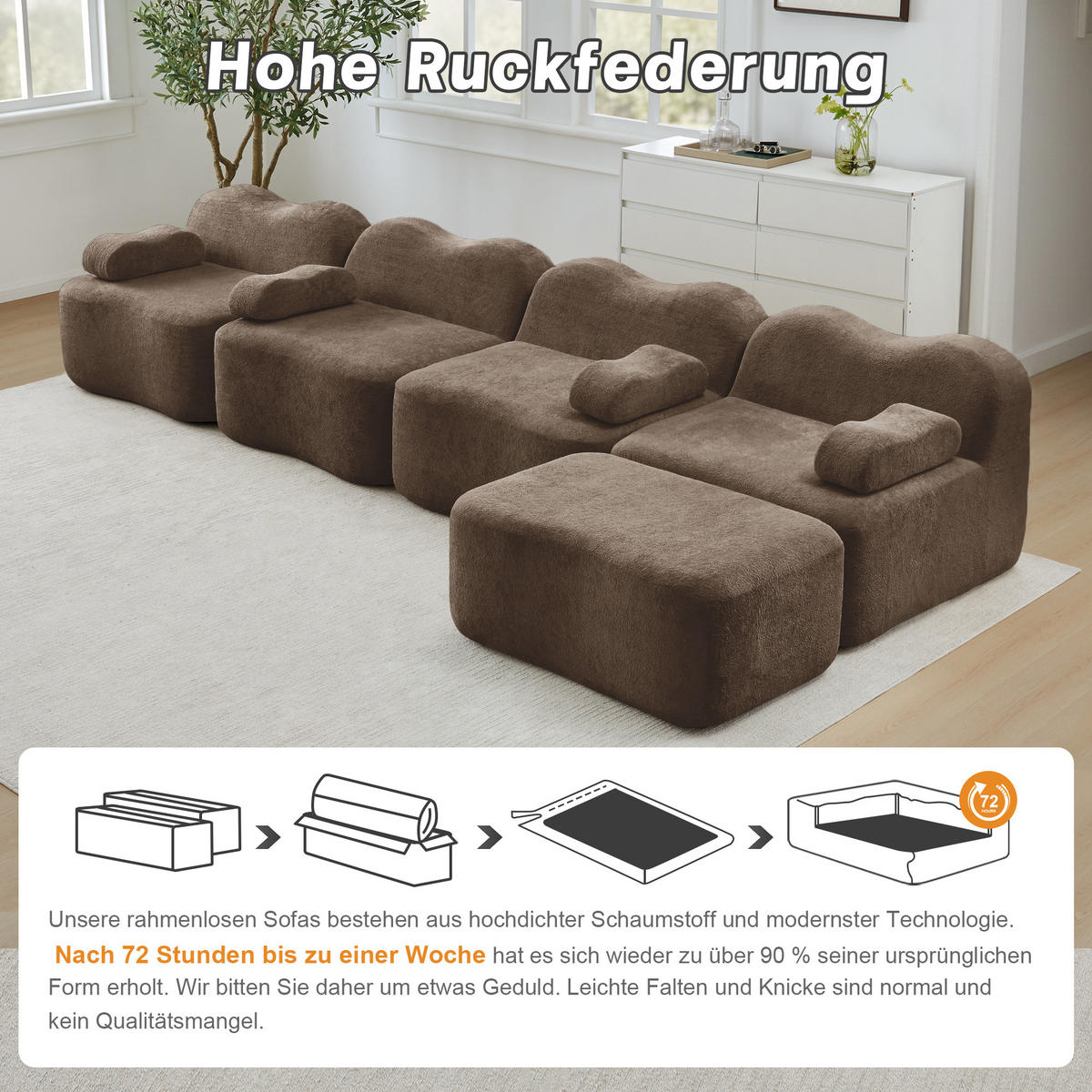 4-SITZER Sofa 384x167x70 cm aus Samtstoff rahmenlos modular mit Ottoman, braun - Braun, Textil (167/70/384cm)