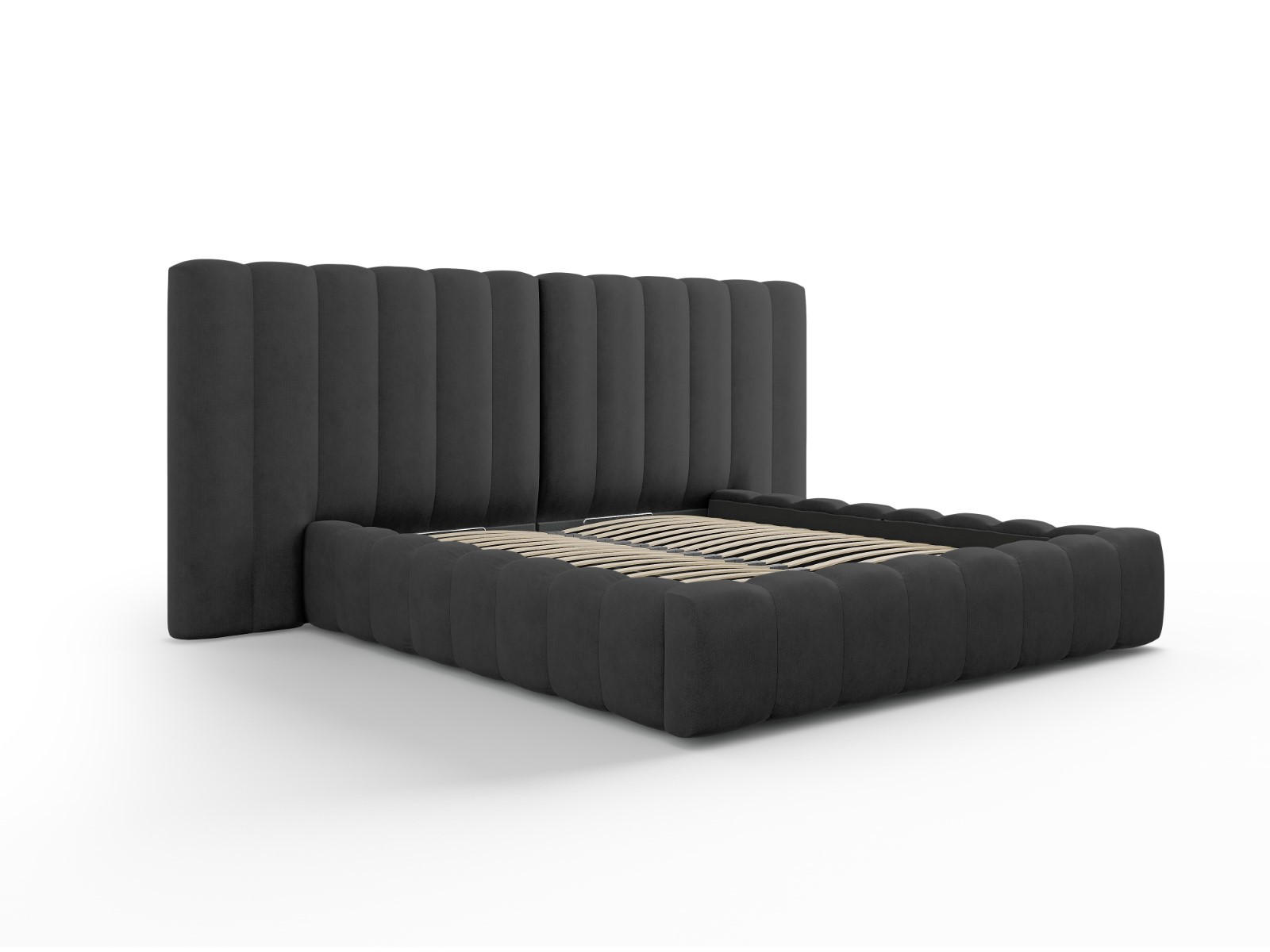 BETT mit Bettkasten und Doppelkopfteil Kelp aus strukturiertem Stoff anthrazit 180x200cm - Anthrazit, Textil (180/200cm) - Micadoni