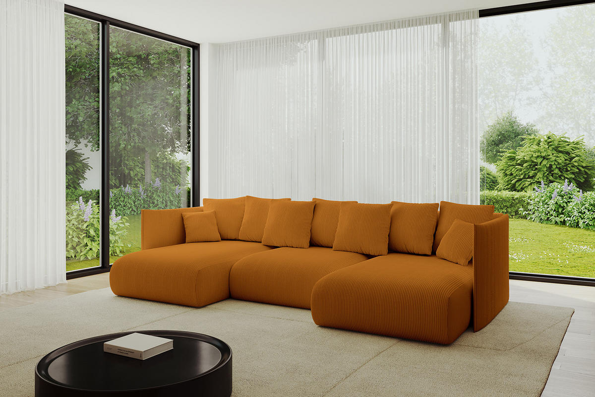 WOHNLANDSCHAFT mit Schlaffunktion und Bettkasten ONESK-U 304x165x40 Senfgelb Cord - Currygelb, Holzwerkstoff/Kunststoff (304/90/165cm) - ALTDECOR