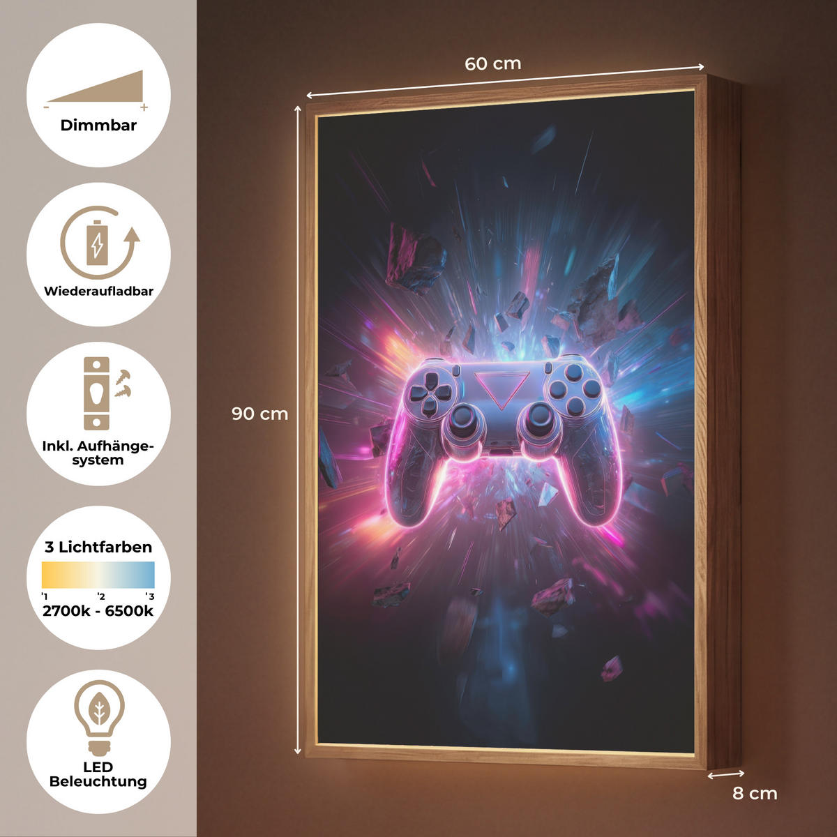 NÁSTĚNNÁ LAMPA S AKUMULÁTOREM Controller - Neon - Explosion - Abstraktní 60x90 cm - fialová, kompozitní dřevo (60/90/8cm)