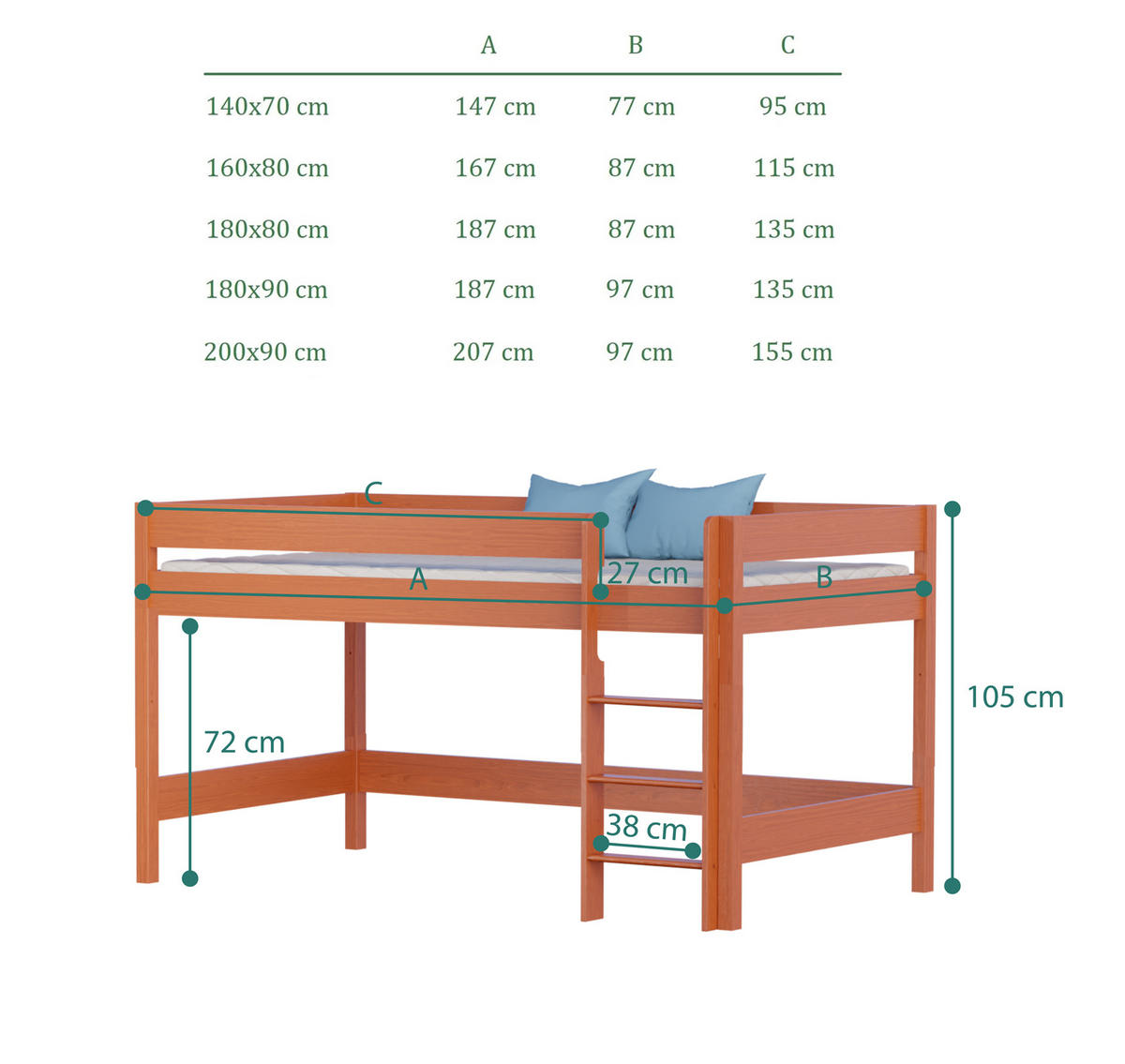 HOCHBETT Leo 140x70 teak mit Matratze - Braun, Holzwerkstoff (70/140cm) - LUKDOM