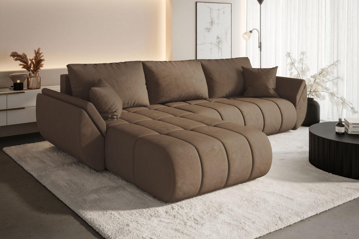 ECKSOFA TOKYO PREMIUM mit Schlaffunktion, Stoff MONOLITH, Hellbraun, Links - Hellbraun, Holz (280/190cm) - Kaiser Möbel