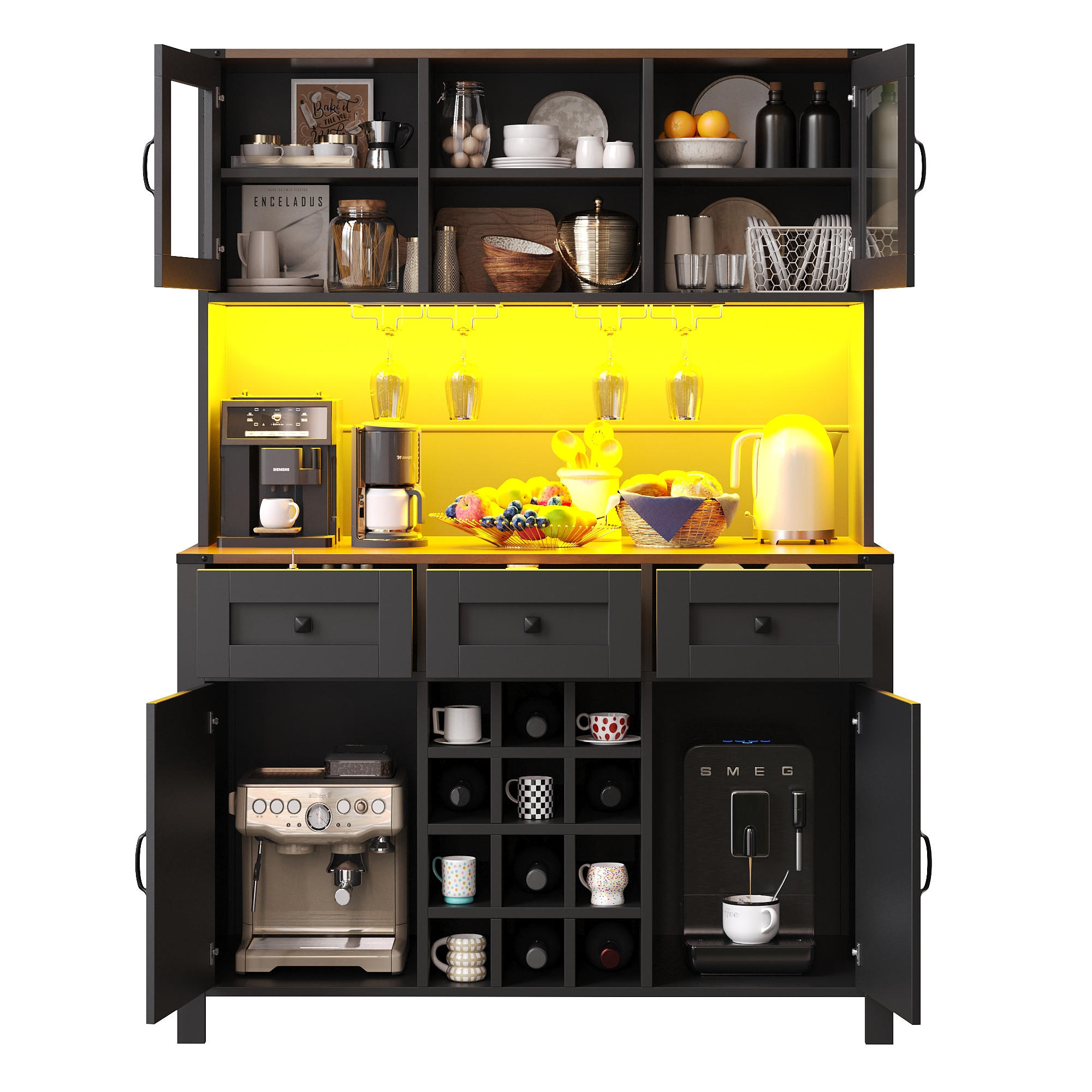 BUFFET 120/40/170 cm schwarz aus MDF und Glas mit LED - Schwarz, Holzwerkstoff (120/170/40cm) - OKWISH