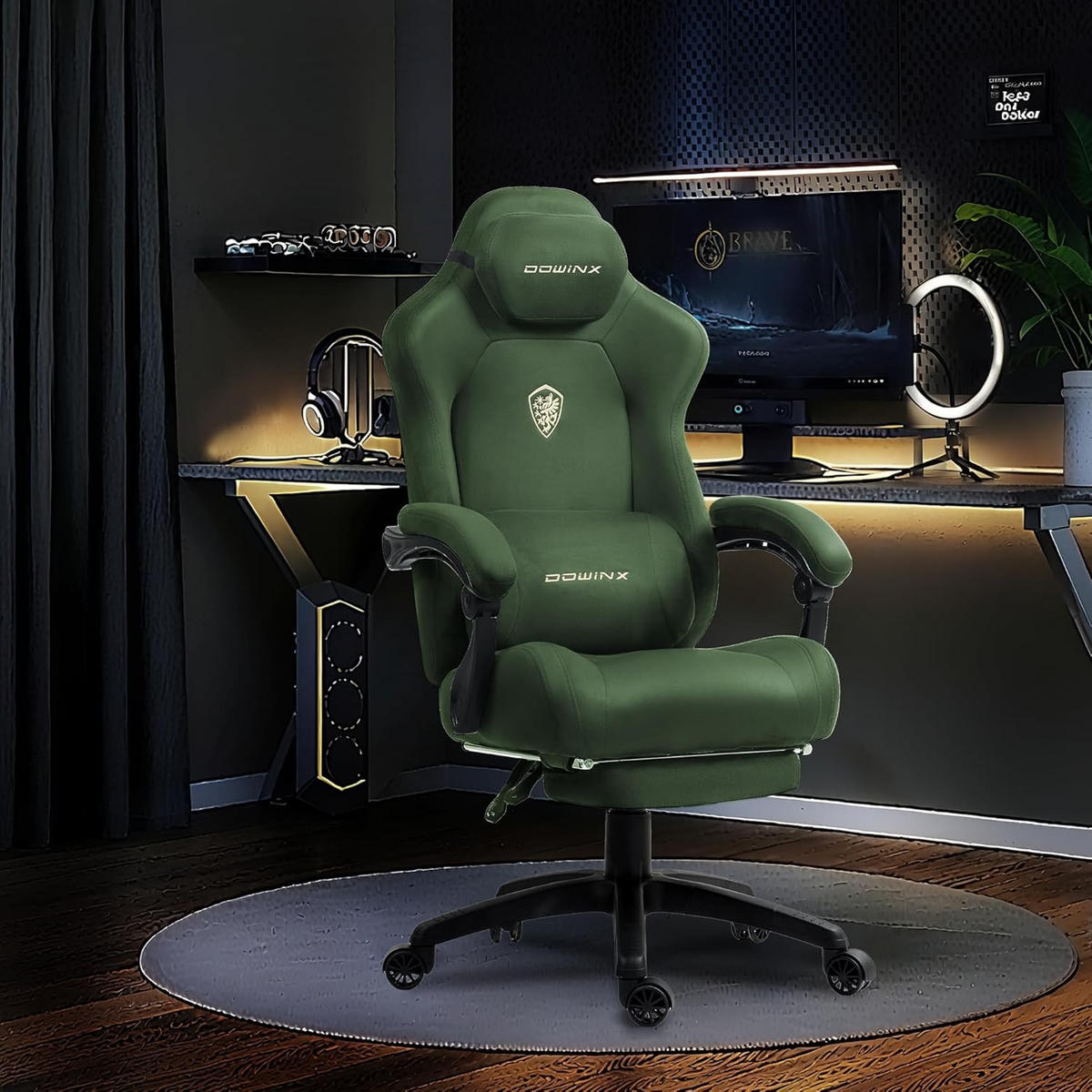 GAMING-STUHL Mikrofaser-Velours & Lendenkissen, Fußstütze 160° Neigbar - Grün, Leder (70/132/70cm)