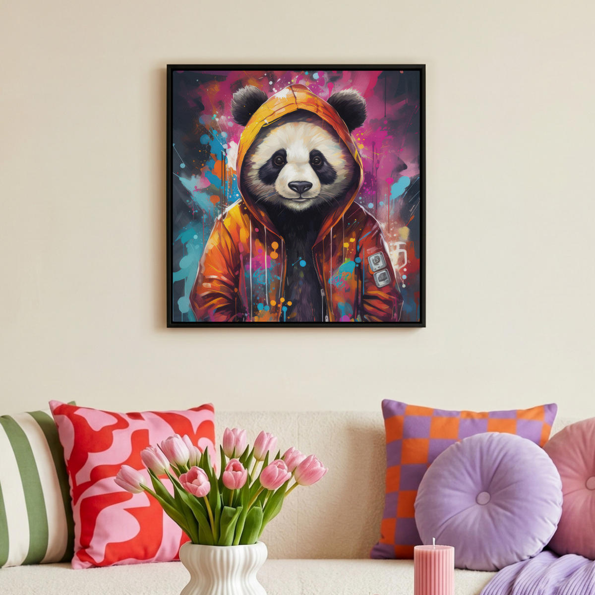 LEINWAND Bilder mit Rahmen - Panda - Jacke - Graffiti - Orange - 50x50 - Orange, Textil (50/50cm) - MuchoWow