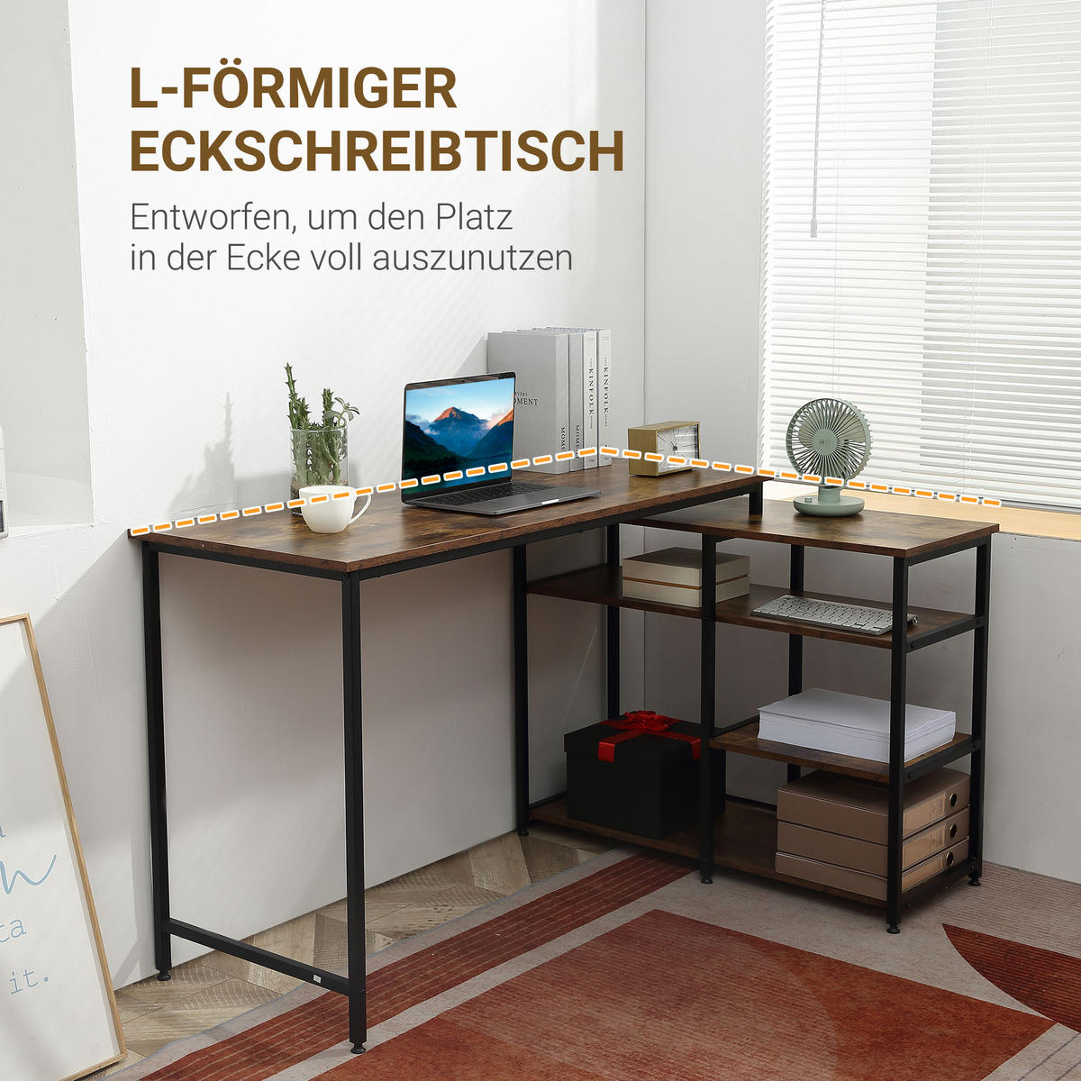 COMPUTERTISCH Bürotisch Regal platzsparend Spanplatte Metall Rustikales Braun - Braun, Kunststoff (135/90/79cm) - HOMCOM