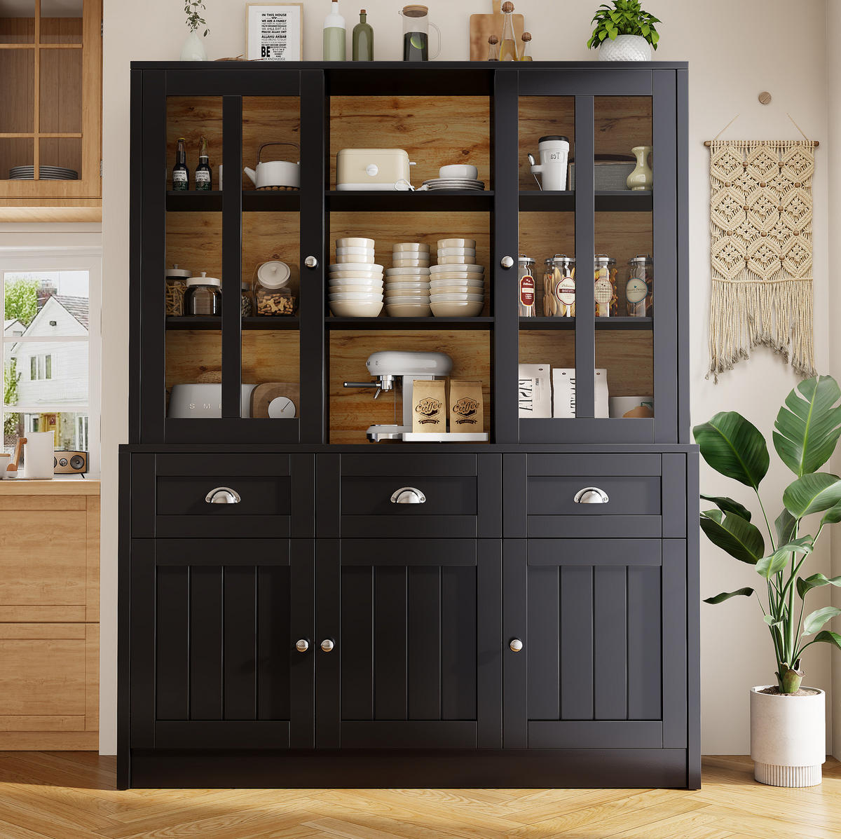 BUFFET 140/38,5/175 cm aus MDF mit Acrylfront und verstellbaren Einlegeböden Schwarz - Schwarz, Holzwerkstoff (140/175/38.5cm) - Modenvie