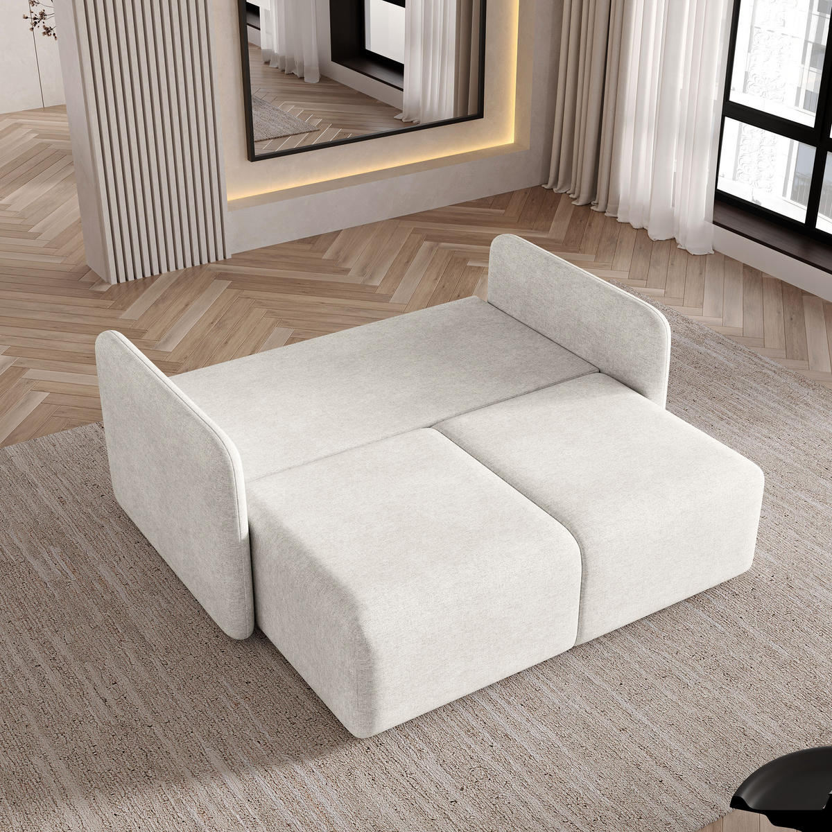 BETTSOFA SUVI II NV Creme Geflochtener Stoff mit Schlaffunktion - Creme, Textil (90/85/153cm) - MASSENO