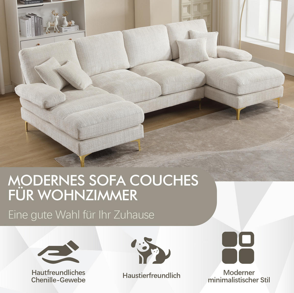 WOHNLANDSCHAFT U-Form 272/136/88 cm in Beige aus Chenille mit 2 Liegeflächen - Beige, Textil (136/88/272cm) - Flora Grace