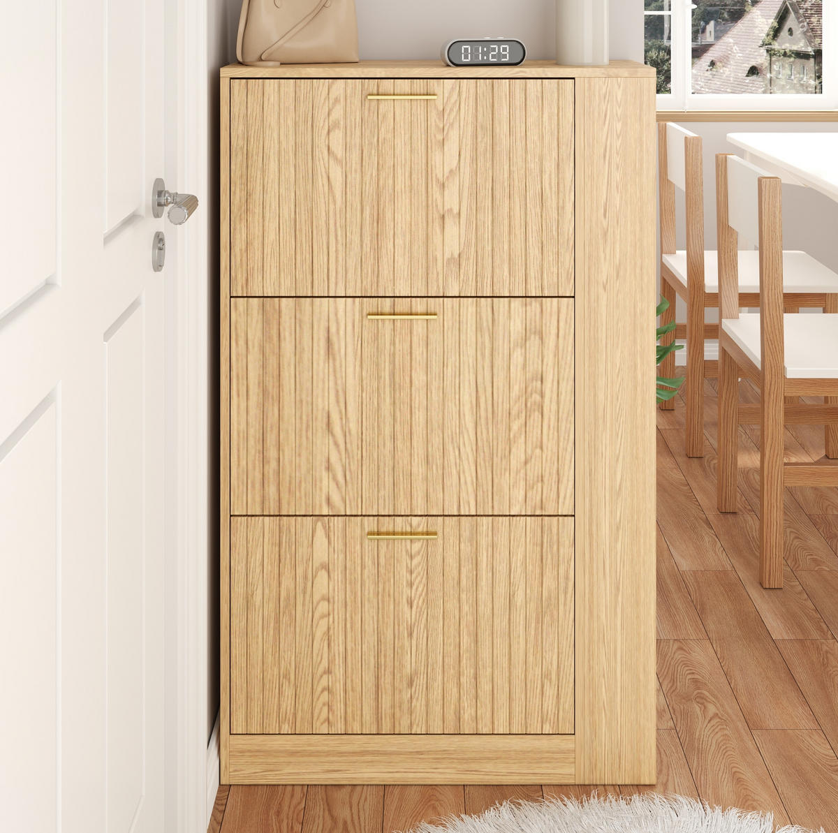 SKRINKA na topánky, 70/23,5/115 cm, MDF v prírodnej farbe, 3 dvierka a otvorené priehradky - prírodná farba, kompozitné drevo (70/115/23.5cm) - BEAOK