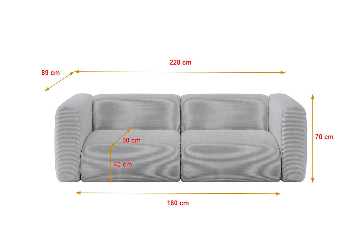 MODULARES Sofa 2-SITZER MIRA-S1 228x89x70 Grau cm Cord - Blaugrau/Schwarz, Holzwerkstoff/Kunststoff (228/70/89cm) - ALTDECOR