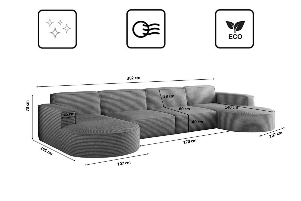 ECKSOFA U-Form XL Designer MODENA stoff Dicker Cord Poso Grau - Grau, Holz (165/382cm) - Kaiser Möbel