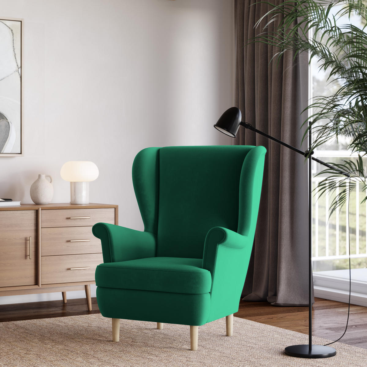 SESSEL LENTIO Ohrensessel Polstersessel, Grün - Grün, Holz/Holzwerkstoff (75/103/75cm) - MASSENO