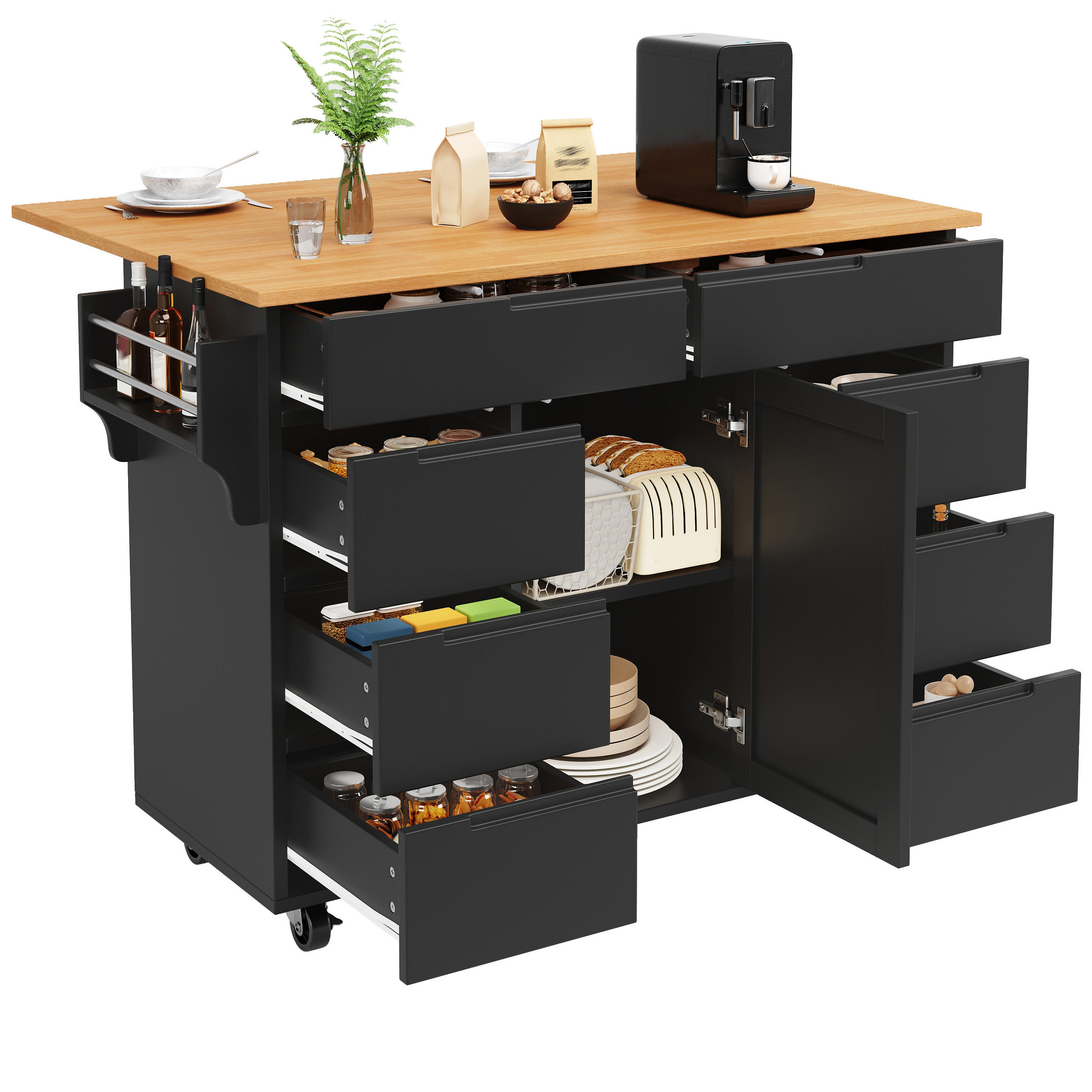KÜCHENINSEL in Schwarz mit 8 Schubladen und Rollen für Küche, B122/T40/H91,5 cm - Schwarz, Holzwerkstoff (111/91.5/40cm) - STILVORA