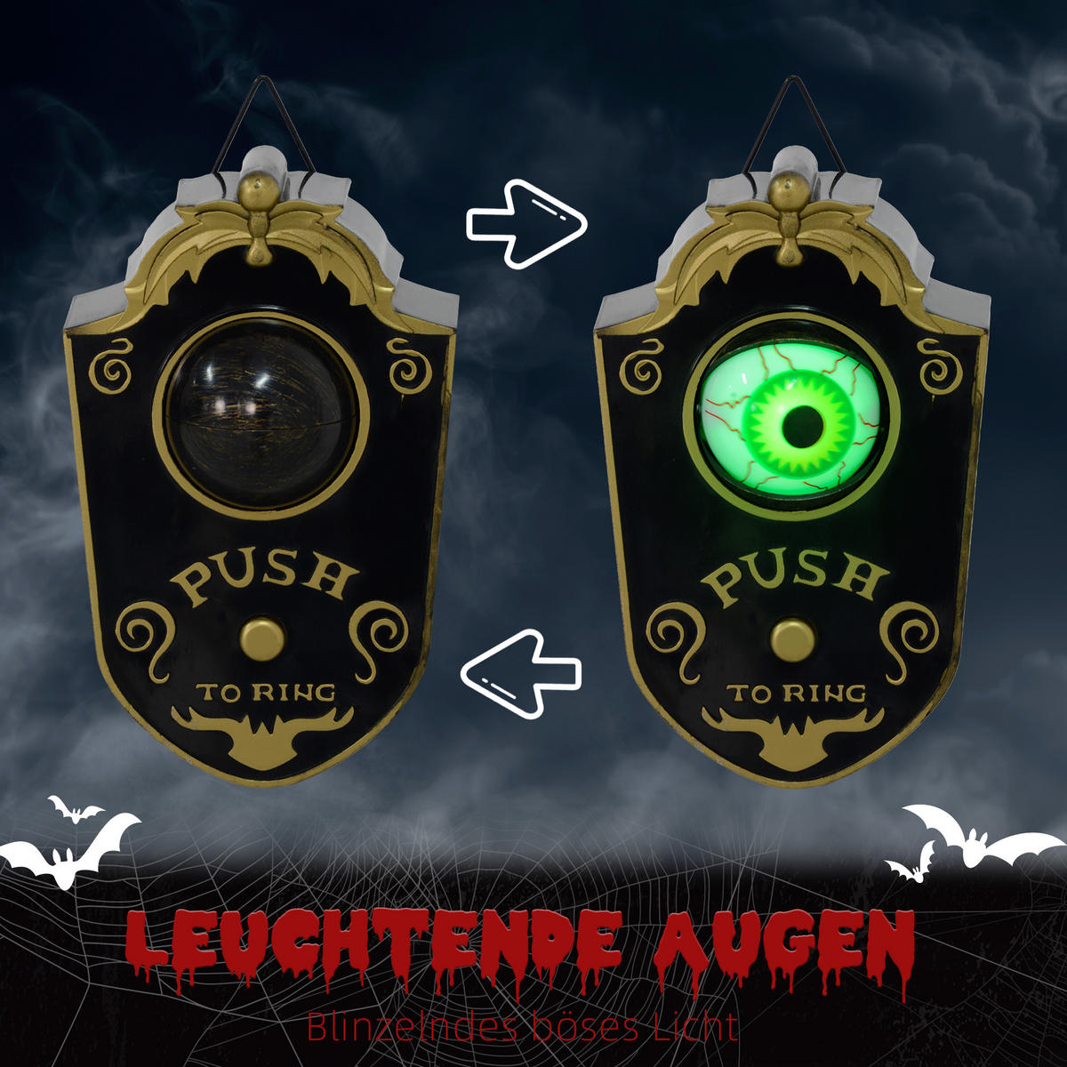 HALLOWEEN DECORATIONS Türklingel Dekoration mit LED-Lichter, Soundfunktion, 18cm - Schwarz, Kunststoff (11/18/5cm) - HOMCOM