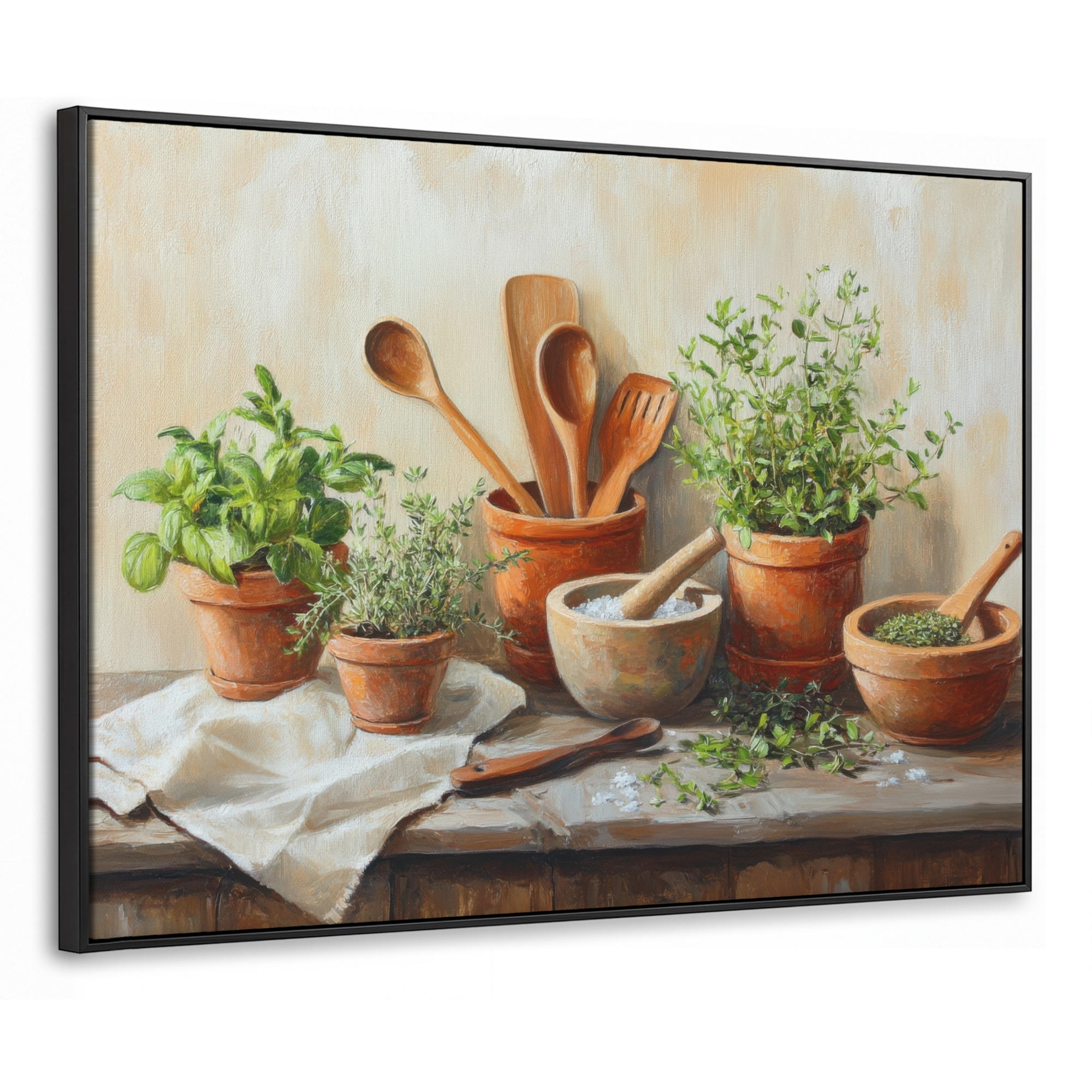 LEINWAND Bilder mit Rahmen - Töpfe - Kräuter - Holz - 100x70 - Terracotta, Textil (100/70cm) - MuchoWow