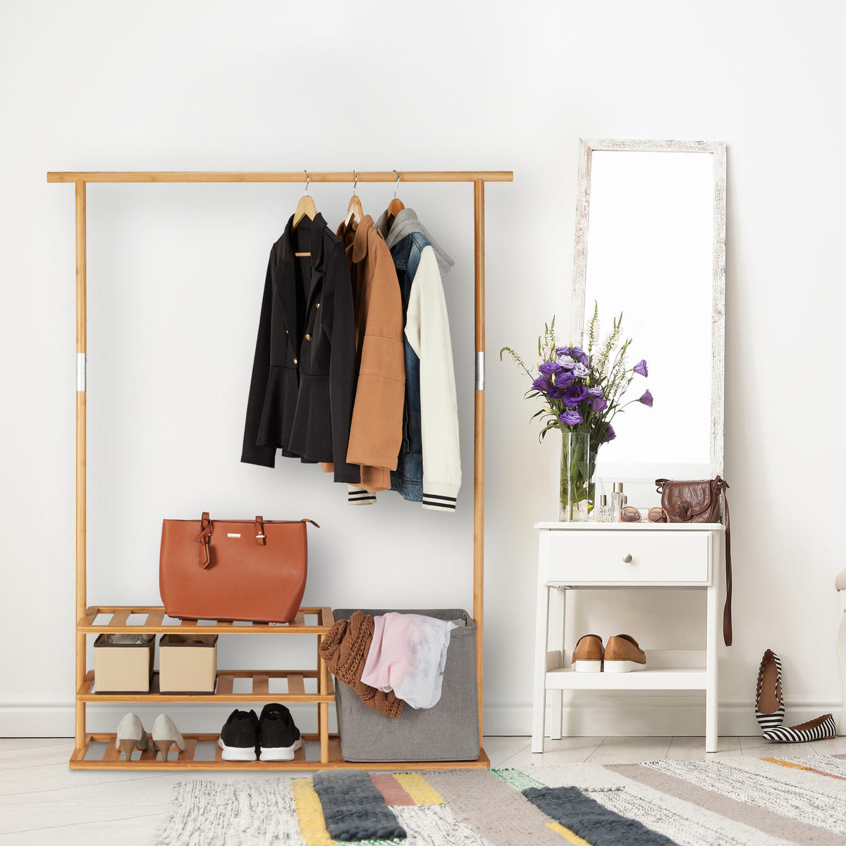 KLEIDERSTÄNDER - Hellbraun, Holz/Textil (124/154/33cm) - Relaxdays