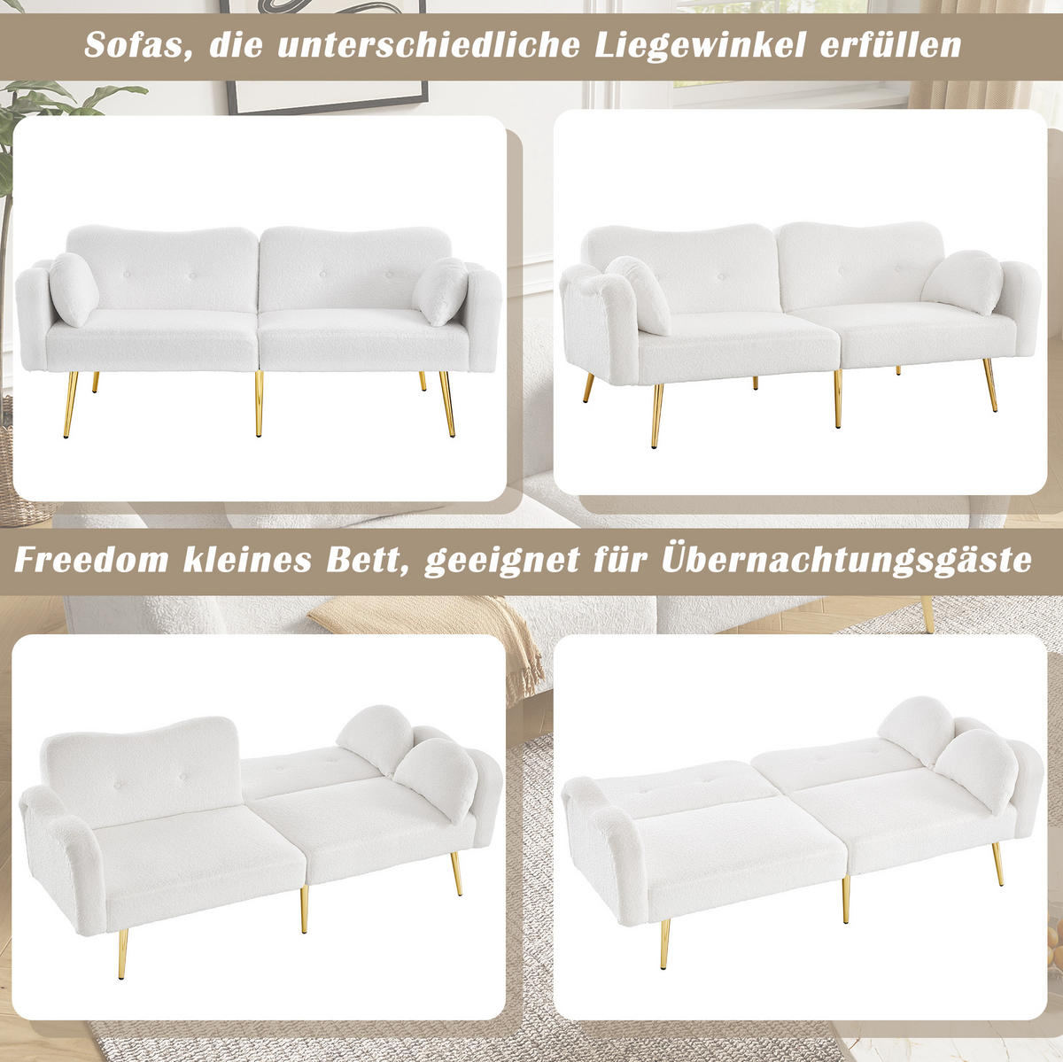 SOFABETT Zweisitzer Wollmischgewebe mit 3-fach verstellbarer Rückenlehne Weiß 175/79/82 cm - Weiß, Textil (79/82/175cm) - Redom