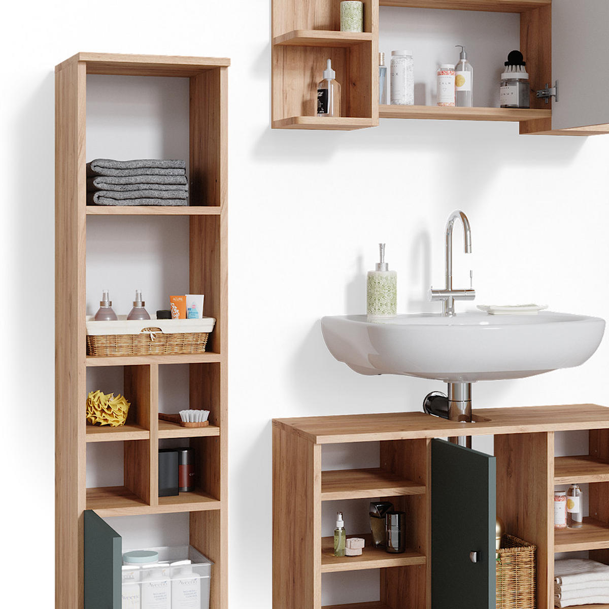 BADMÖBEL-SET Fynn Grün 3 Teile, mit Midischrank Tür klein - Honigeiche/Grün, Holzwerkstoff (60/54/32cm) - Vicco